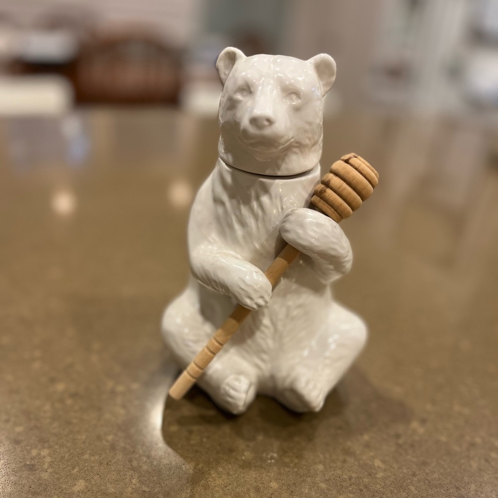 White Ceramic Bear Honey Jar Holding Bamboo Honey Dipper - Creative Co-Op. - Picture 5 of 8